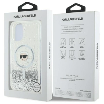 Etui Karl Lagerfeld do iPhone 16 6.1" Magsafe Hardcase Transparent Liquid Glitter Karl Head 