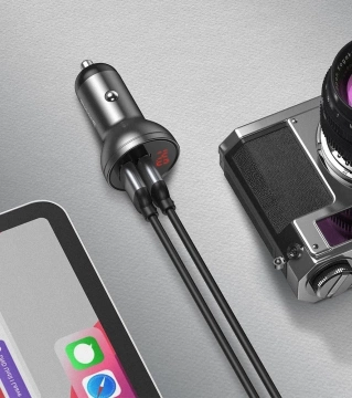 Baseus Autoladegerät 2x USB 4.8A 24W mit LCD Kabel 3in1 USB - USB Type C / Micro USB / Lightning 1.2m schwarz (TZCCBX-0G)
