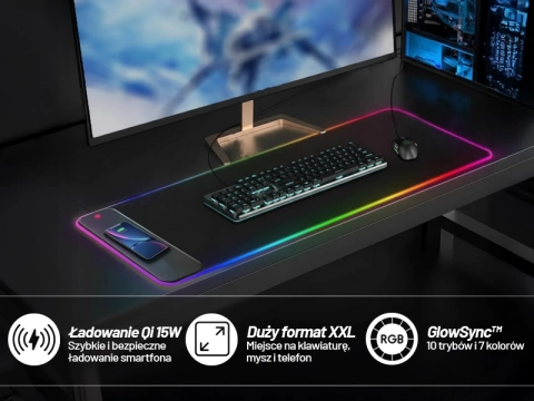 Alogy QiGlow Pro Schreibtischunterlage mit RGB-LED-Beleuchtung für Maus, Tastatur und Qi-Ladegerät für Smartphones. Rutschfeste, schützende Gaming-Matte XL (80 x 30 cm), Schwarz.
