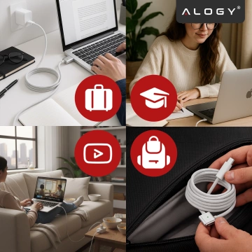 Kabel zasilający USB-C do MagSafe 3 – szybkie ładowanie 140W, przewód 2 m, do Apple MacBook, wytrzymały i bezpieczny – Alogy PowerLink™ Biały