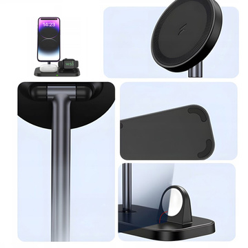 Qi Mag Safe 15W induktives Ladegerät für iPhone Apple Watch AirPods 3in1 kabellose Standstation Schwarz