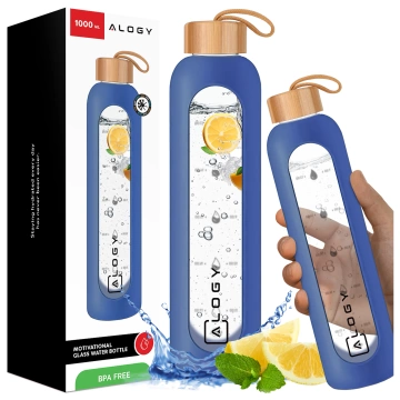 Große Glasflasche, Trinkflasche Alogy Motivational Messbecher 1l 1000ml, Silikonhülle Blau