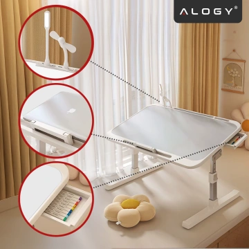 Stolik składany regulowany 60×35 cm – biurko na laptopa z szufladą i portem USB, składane nogi, stabilna konstrukcja do pracy i nauki – Alogy FoldDesk™