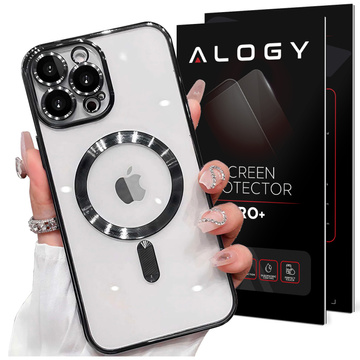 Etui MagSafe Case do iPhone 15 Pro Glamour Luxury obudowa Slim Ring Alogy Czarne przezroczyste + Szkło