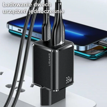 USAMS Ładowarka sieciowa 1xUSB-C+1xUSB T43 33W PD3.0 +QC3.0  + kabel U63 USB-C na lightning czarny/black USKTZ01