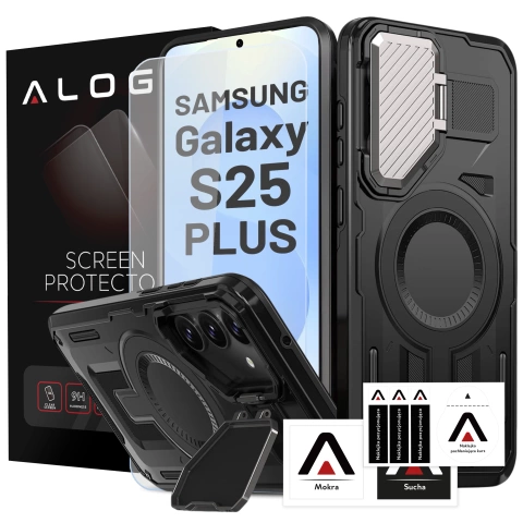 Etui do Samsung Galaxy S25 Plus Case do MagSafe Wzmocniona Pancerna ochrona obiektywów z funkcją podstawki obudowa na telefon Alogy HeavyDuty Mag™️ + Szkło