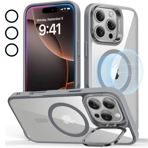 Etui hybrydowe ochronne do Apple iPhone 16 Pro Max Alogy KickStand Hybrid Case z podpórką do MagSafe Szare + szkło hartowane