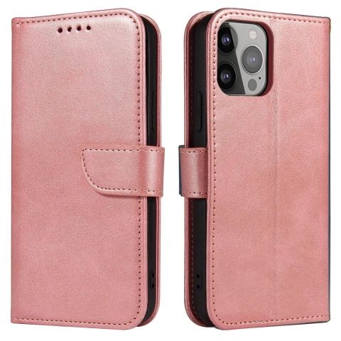 Etui na telefon Magnet Case do iPhone 13 Pro elegancki futerał etui pokrowiec z klapką i funkcją podstawki różowy