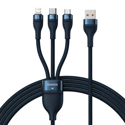 Kabel USB 3w1 Baseus Flash Series, USB-C + micro USB + Lightning, 66W, 1.2m (niebieski)