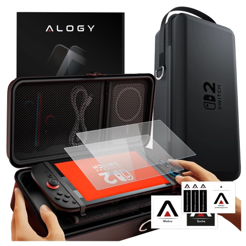 Pokrowiec do Nintendo Switch 2 2025 Torba Ochronna Duże Twarde Etui EVA, Kuferek, Wodoodporna, Lekka, z Uchwytami Alogy HardFoamBag™ – Czarna + 2X SZKŁO HARTOWANE
