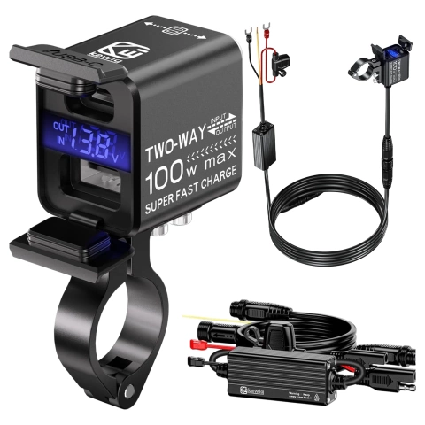 Ładowarka Motocyklowa Kewig, Uniwersalna Aluminiowa 100W, Dwukierunkowa z Woltomierzem, Szybkie Ładowanie USB-A i USB-C, Inteligentna i Wodoodporna – Czarna
