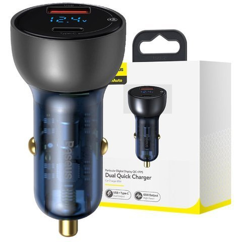 Ładowarka samochodowa Baseus USB /USB-C Type-C LED 65W QC PPS Szara