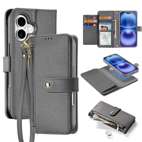 Etui skórzane do iPhone 16 MagSafe Dux Ducis Lawa + portfel – szare