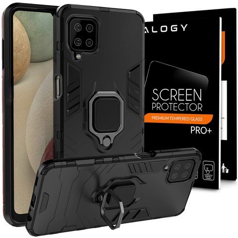 Etui Alogy Stand Ring Armor do Samsung Galaxy A12/ A12 5G czarne + Szkło