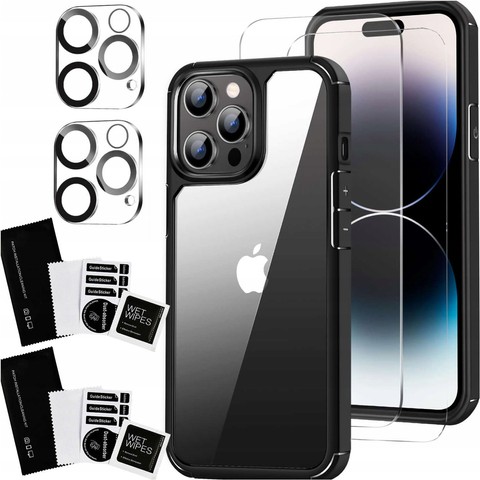 Etui do iPhone 15 Pro Max Obudowa Case +2x szkło na ekran i 2x obiektyw pancerne Alogy 360 Hybrid Set 5w1 czarno-przezroczyste