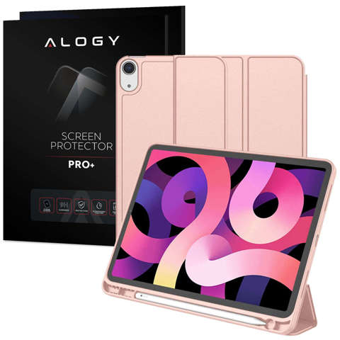 Etui ochronne Alogy Book Cover Pencil Case obudowa z miejscem na rysik do Apple iPad Air 4 2020 / Air 5 2022 10.9" Różowe + Szkło
