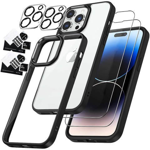 Etui Case do iPhone 14 Pro + zestaw 4 szkieł 5w1 pancerne 360 Alogy Hybrid 2x Szkło na ekran +2x obiektyw czarno-przezroczyste