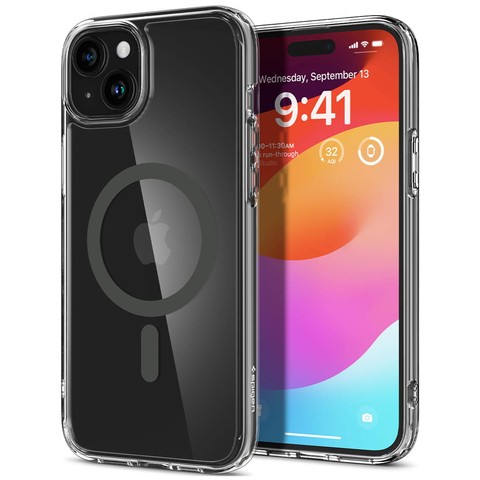 Etui do iPhone 15 Spigen Ultra Hybrid Mag Case do MagSafe obudowa ochronna na telefon Graphite przezroczyste z szarym pierścieniem