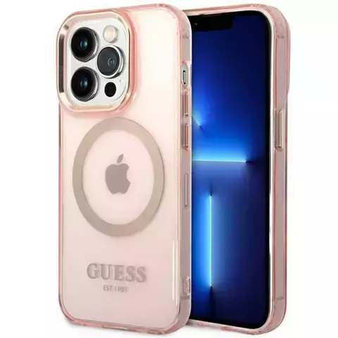 Etui na telefon Guess do  iPhone 14 Pro Max 6,7" różowy/pink hard case Gold Outline Translucent MagSafe