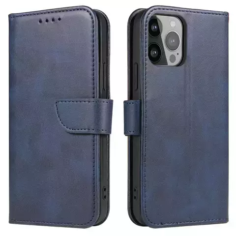 Etui na telefon Magnet Case do iPhone 14 Plus elegancki futerał etui pokrowiec z klapką i funkcją podstawki niebieski