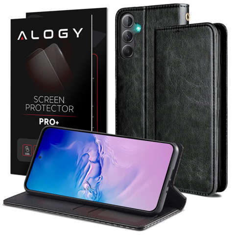 Etui ochronne z klapką skórzany portfel Alogy Wallet Case obudowa na telefon do Samsung Galaxy A34 5G Czarne + Szkło