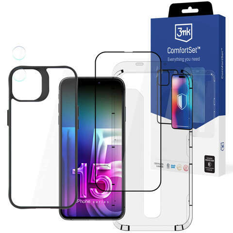 Etui +szkło ekran +obiektyw do iPhone 15 Plus Zestaw 3mk Comfort Set 4in1 case lens hartowane