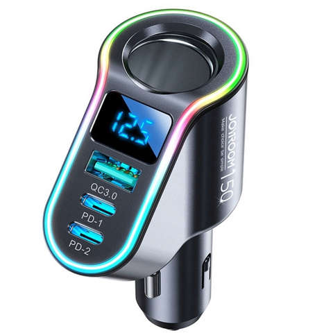 Ładowarka samochodowa USB QC 3.0 2x USB-C PD 150W rozdzielacz JoyRoom Car Charger 4w1 LED RGB czarna