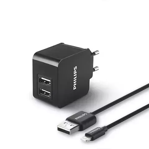 Ładowarka sieciowa 3A 15,5W Philips + Kabel iPhone 3100mA 2XUSB Dual Quick Charge Phil-DLP2307V/12 Czarny