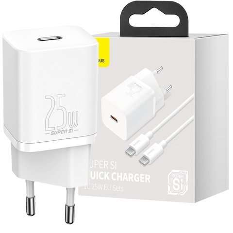 Ładowarka sieciowa Baseus USB-C PD 25W + kabel do USB-C White