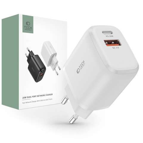 Ładowarka sieciowa C20W 2-Port USB-C - USB PD20W/QC3.0 White