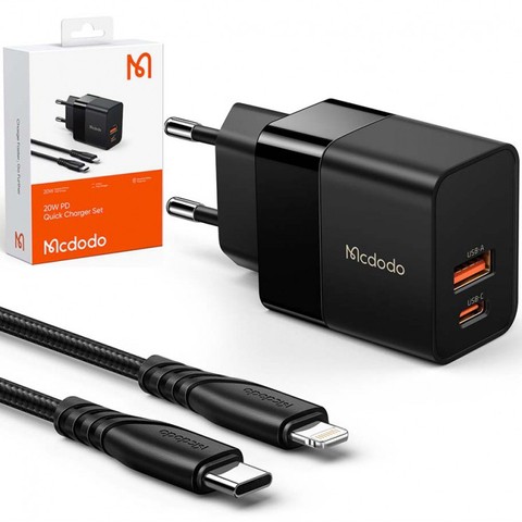 Ładowarka sieciowa Mcdodo CH-1952 USB + USB-C, 20W + kabel USB-C do Lightning (czarna)