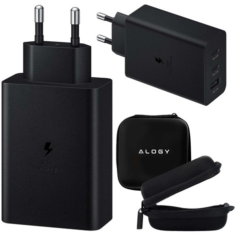 Ładowarka sieciowa szybka 65W 2x USB-C typ C PD + USB-A USB Alogy 3 porty mocna Czarna + Etui