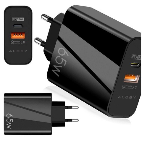 Ładowarka sieciowa szybka USB-A QC 3.0 Quick Charge + USB-C PD 33W 65W Alogy czarna