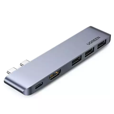 Wielofunkcyjny HUB UGREEN 2x USB Typ C na USB Typ C PD (Thunderbolt 3, 100W, 4K@60 Hz, 10 Gbps) / HDMI 4K@30 Hz / 3x USB 3.0 do MacBook Pro / Air szary (60559)