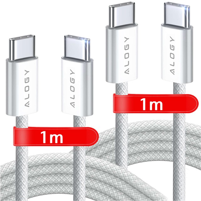 2x Kabel USB-C typ C mocny szybki 60W PD 1M do iPhone 15/Pro/Max nylonowy przewód Alogy biały [2szt]