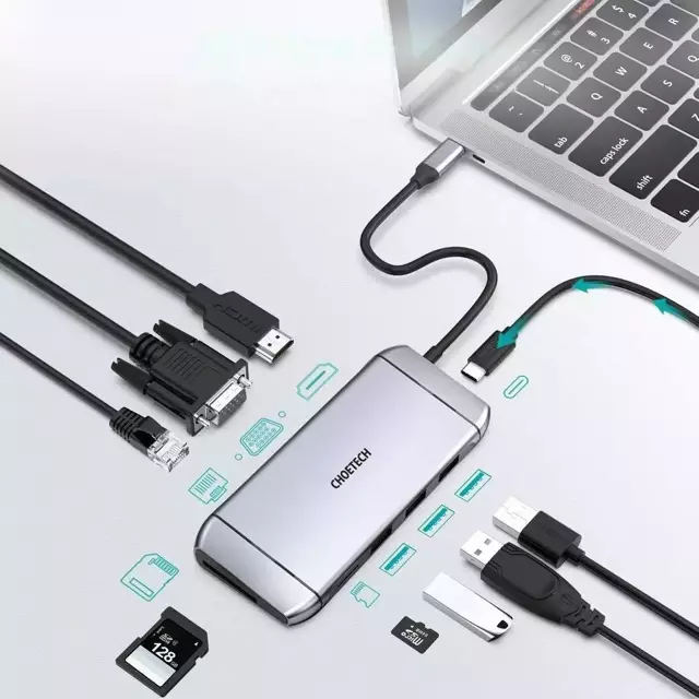 Choetech 9w1 wielofunkcyjny HUB USB Typ C - 3x USB 3.2 Gen 1 / czytnik kart SD i TF / HDMI 4K 30Hz / VGA Full HD 60Hz / USB Typ C / RJ45 szary (HUB-M15 gray)