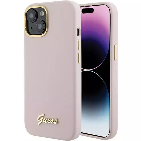 Etui Guess GUHCP15SSMBSLP do iPhone 15 6.1" różowy/pink hardcase Silicone Script Metal Logo & Frame