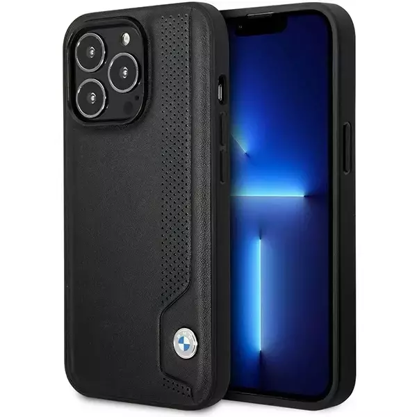 Etui na telefon BMW BMHCP14X22RBDK do Apple iPhone 14 Pro Max 6,7" czarny/black hardcase Leather Blue Dots