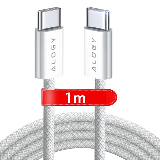 Kabel USB-C typ C mocny szybki 60W PD 1M do iPhone 15/Pro/Max iPad MacBook nylonowy przewód Alogy Biały