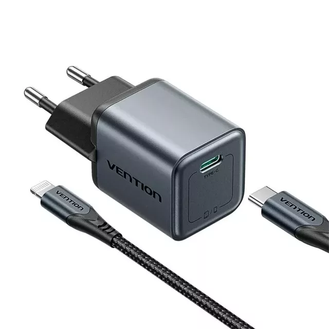 Ładowarka GaN Vention USB-C 20W + Kabel USB-C do Lightning 1m Szara