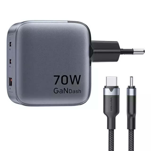 Ładowarka GaN Vention USB-C+C+A 70W + Kabel USB-C do USB-C 1m (Szara)