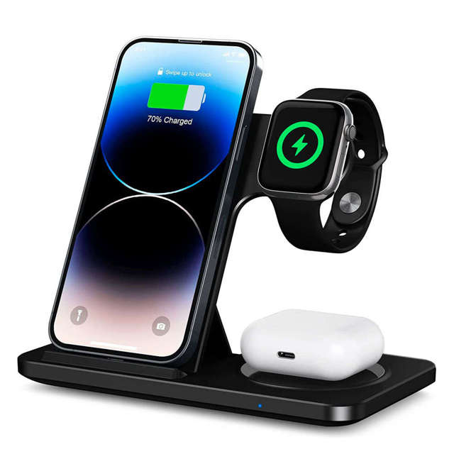 Ładowarka indukcyjna Alogy 3w1 stacja ładująca do Apple iPhone AirPods Watch 15W QC 3.0 + Kabel USB-C Czarna