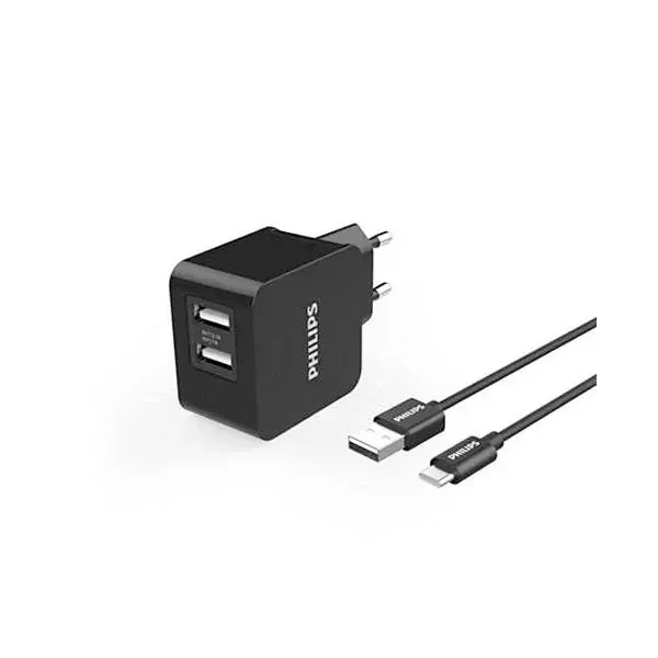 Ładowarka sieciowa 3A 15,5W czarna Philips + kabel Typ-C USB-C 3100mA 2xUSB Dual Quick Charge phil-dlp2307a/12