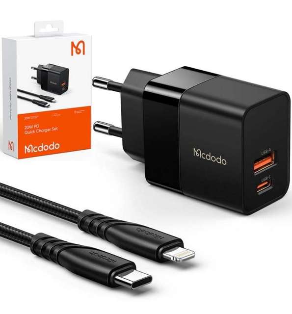 Ładowarka sieciowa Mcdodo CH-1952 USB + USB-C, 20W + kabel USB-C do Lightning (czarna)