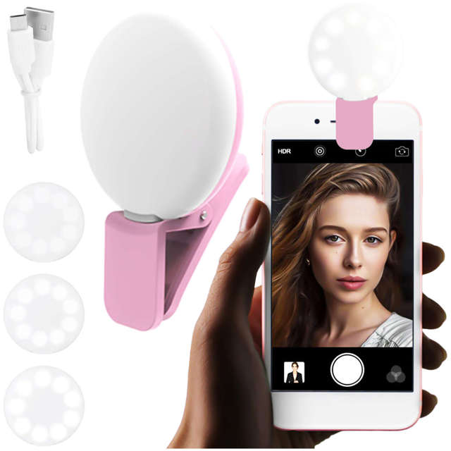 Lampka LED Alogy Mini Selfie Ring Klips do nagrywania robienia zdjęć do telefonu z klipsem Różowa