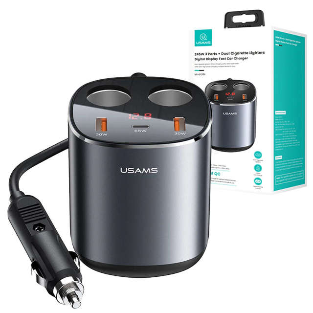 Rozdzielacz rozgałęźnik gniazda zapalniczki USAMS ładowarka samochodowa 2x USB + 1x USB-C 245W Szary