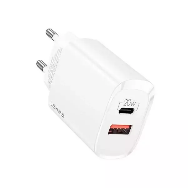 USAMS Ładowarka sieciowa 1x USB-C + 1x USB T35 20W (only head) PD3.0 + QC3.0 Fast Charging biały/white CC121TC01 (US-CC121)