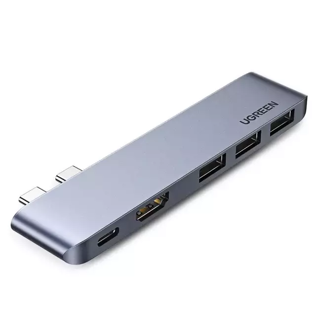 Wielofunkcyjny HUB UGREEN 2x USB Typ C na USB Typ C PD (Thunderbolt 3, 100W, 4K@60 Hz, 10 Gbps) / HDMI 4K@30 Hz / 3x USB 3.0 do MacBook Pro / Air szary (60559)