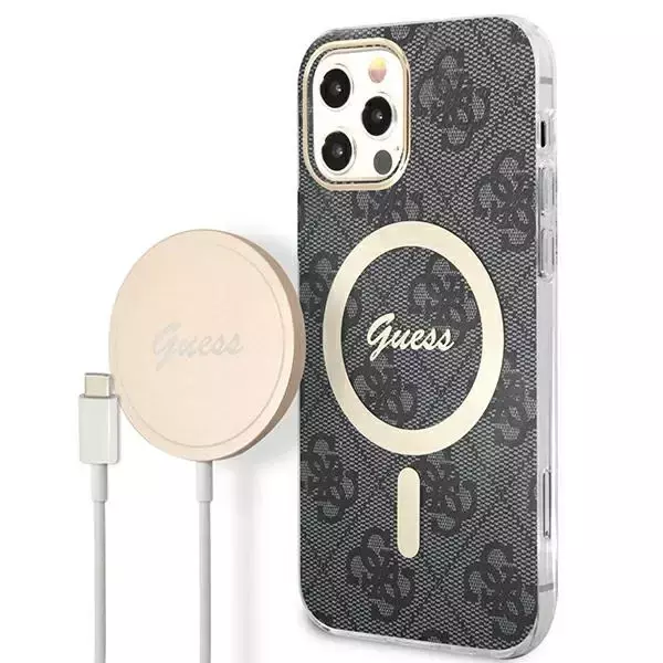 Zestaw Guess GUBPP12MH4EACSK Case+ Charger iPhone 12/12 Pro czarny/black hard case 4G Print MagSafe