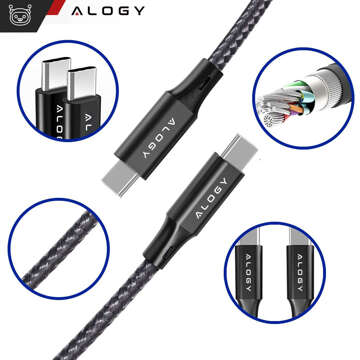 2x Kabel USB-C typ C mocny szybki 60W PD 1M do iPhone 15/Pro/Max nylonowy przewód Alogy Czarny [2szt]